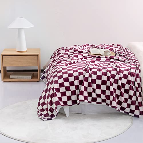 LOMAO Throw Blankets Flannel Blanket with Checkerboard Grid Pattern Soft Throw Blanket for Couch, Bed, Sofa Luxurious Warm and Cozy for All Seasons (Burgundy, 50"x60")