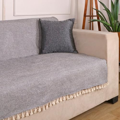 Image of STITCHNEST Jute Sofa Cover - Grey, 70x60 Inch | Soft Textured Fabric with Tassel| Full Coverage Sofa for Living Room Decor