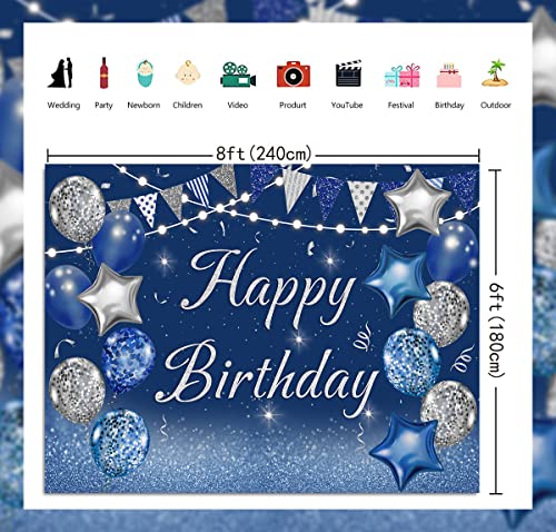 Navy Blue Happy Birthday Backdrop Silver Glitter Balloons Star Flag Sequins Background Adult Men Women Birthday Party Decoration Cake Table Photo Booth 8x6FT by CenVen - Used condition - Image 6