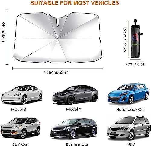 Car Windshield Sun Shade Umbrella For Tesla Model 3/Y Most Vehicles Upgraded Car Window Shades Front Windshield With 360°Rotation Bendable Handle,Automotive Sunshade For Car Windshield (58" X 33") #TOP5