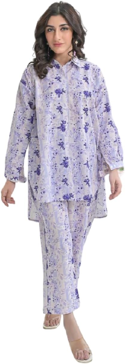Bollyclues Women's Cotton Floral Printed Shirt Collar Tunic with Trousers Co-Ord Set/Cotton Cord Set for Women(05-ANA)
