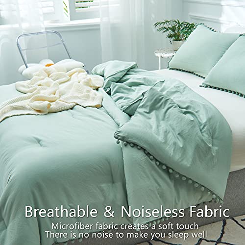 Aikasy Sea Green Fringe Queen Comforter Set - 3 Pieces, Extra Soft Washed Microfiber Bohemian Boho Chic Bed Comforter With Shams, All-Season Reversible (1 Comforter+2 Pom Pom Pillow Shams,Queen) #TOP4