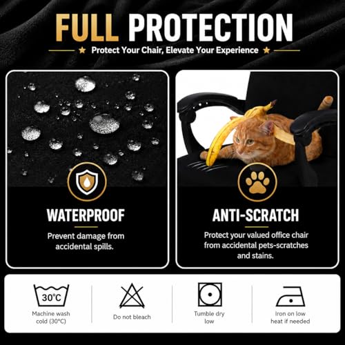 Image of Water Resistant Office Chair Cover with Durable Zipper - Stretchable Universal Computer Chair Covering - Smooth Soft Polyester Slipcovers for Rotating Boss Chair, Desk Chair, High Back Chair (Black)