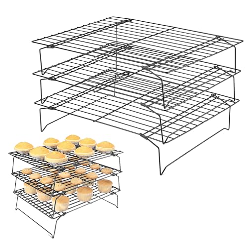 LiveTokers Rejilla para Horno para Enfriar reposteria de Acero Inoxidable, Bandeja Rejilla de Cocción de 3 Pisos con Pies Plegables, Ahorra Espacio, Parrilla Antiadherente y fácil de Lavar