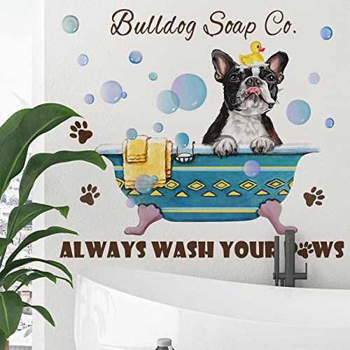 Yovkky Bulldog Wall Decals Stickers, Always Wash Your Paws Quote Home Bedroom Decor, Funny Puppy Dog Soap Bubble Washroom Bathroom Decorations Art For Dog Lovers #TOP27