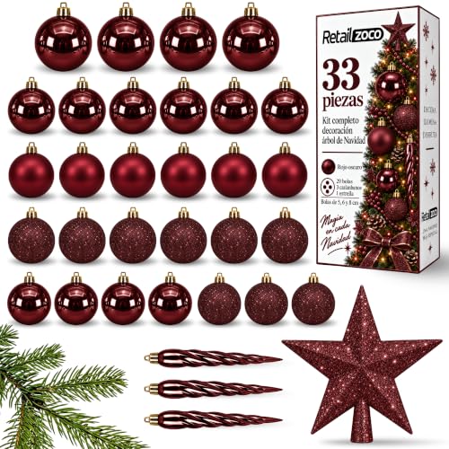 Bolas de Navidad, Adornos Arbol Navidad, 33 Piezas, Rojo Oscuro