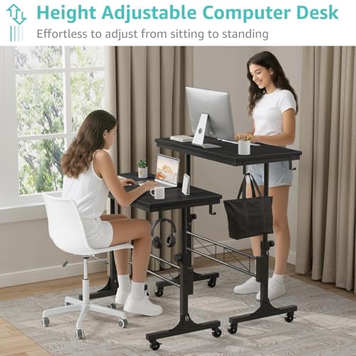 Image of WINAZ Small Portable Rolling Standing Desk - 32 Inch Adjustable Height Mobile Teacher Podium on Wheels for Classroom, Stand Up Desks for Treadmill Walking Pad, Couch Sofa Side Laptop Table, Black