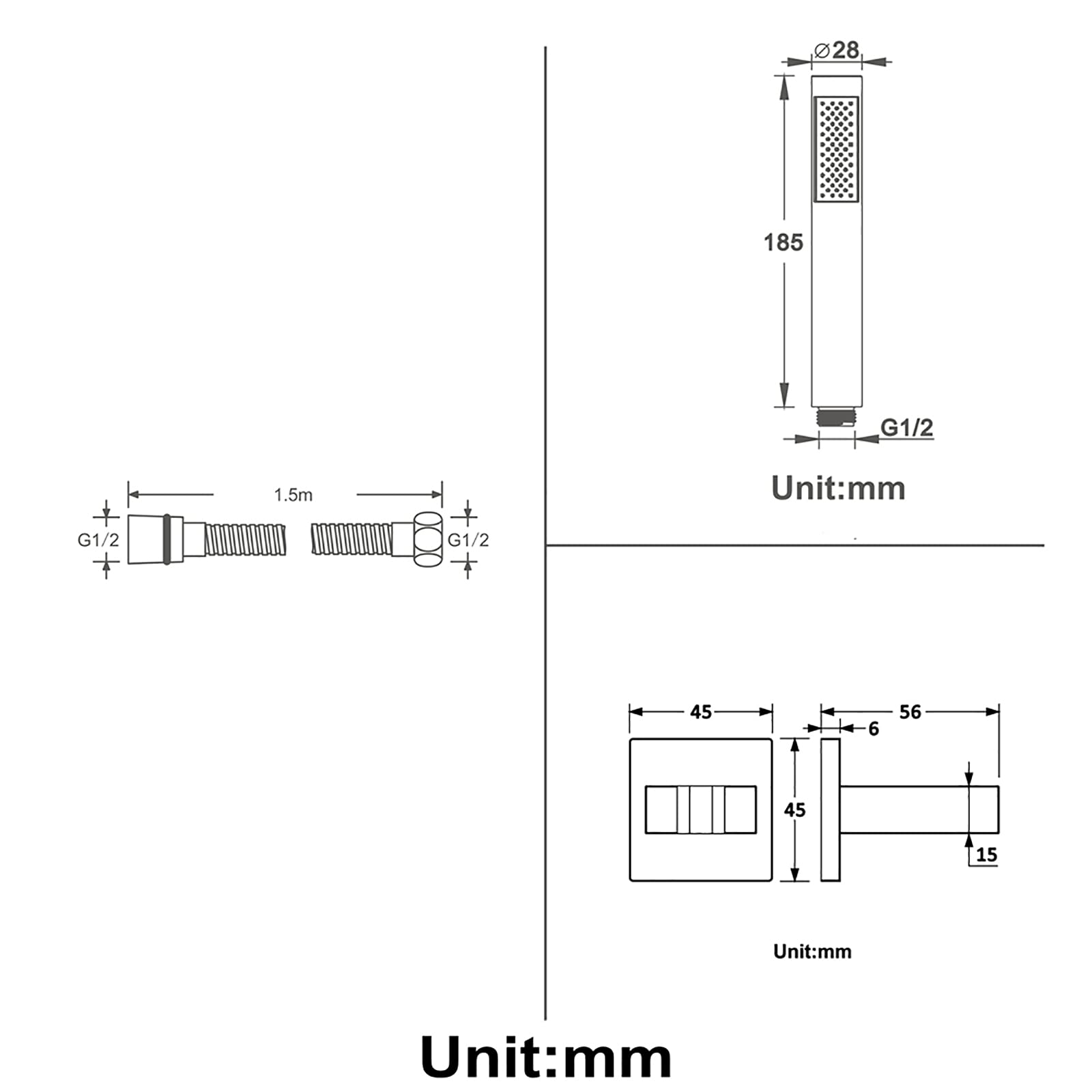 Alcachofa de Ducha, Cabezal de Ducha Alta Presión Latón Cabezal de Ducha de Mano Ahorro de Agua Universal Telefono Ducha con 1.5M Manquera Ducha, Soporte de Ducha Latón,Negro