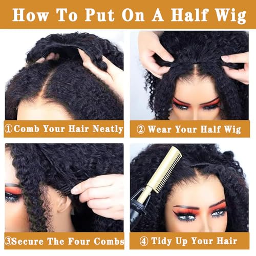 Image of Celiarita Curly Half Wig 3 In 1 Deep Wave Half Wigs Human Hair Glueless Invisible Hairline 200 Density Seamless Flip Over Human Hair Headband Wig with Drawstring Easy to Wear 26 Inch