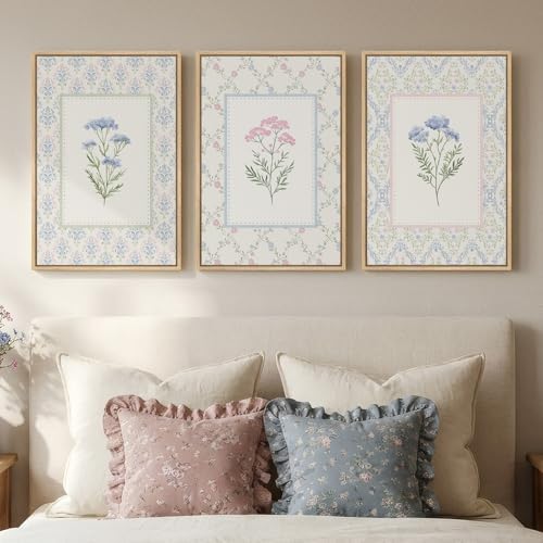 3 Piece Framed Canvas Floral Wall Art for Bedroom, Large Farmhous...