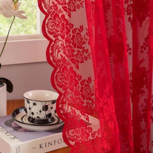 Kotile Red Sheer Curtains for Living Room Rustic Floral 52x96 Inc...