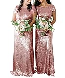 Mermaid V-Neck Back Long Bridesmaid Dresses Sequins Wedding Party Gowns Sparkly Short Sleeves Prom Dresses Fitted Rose Gold US10