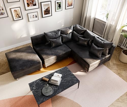 DELIFE Eckcouch Clovis Anthrazit Antik Optik mit Hocker Ottomane Rechts Ecksofa Modular