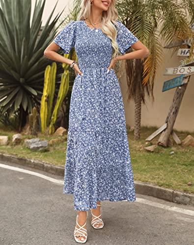 Image of Kranda Women 2025 Summer Fall Crewneck Short Sleeve Smocked Floral Maxi Dress