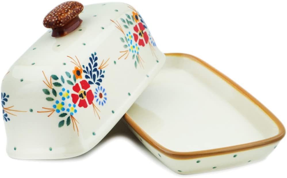 Polmedia Polish Pottery Butter Dish - Rustic Field Flowers Red Pattern Handmade in Boleslawiec Poland + Certificate of Authenticity
