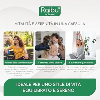 Iperico - 5.500 mg di Erba di San Giovanni per Capsula (Estratto 10:1, 550 mg) - Scorta di 6 MESI - Buon Umore e Sonno - 180 Capsule Vegane - Alto Dosaggio, Senza Additivi - Raibu