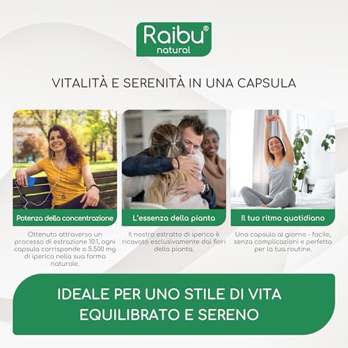 Iperico - 5.500 mg di Erba di San Giovanni per Capsula (Estratto 10:1) - Scorta di 6 Mesi, 180 Capsule Vegane - Alto Dosaggio, Senza Additivi - Umore e Sonno - Raibu - 2