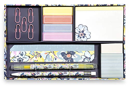 Vera Bradley Office/School Desk Supplies Set with Storage Box, Organizer Includes Paper Clips, Sticky Notes, Highlighter, Ruler, Pencil, Eraser, and Notepad (Sunny Garden)