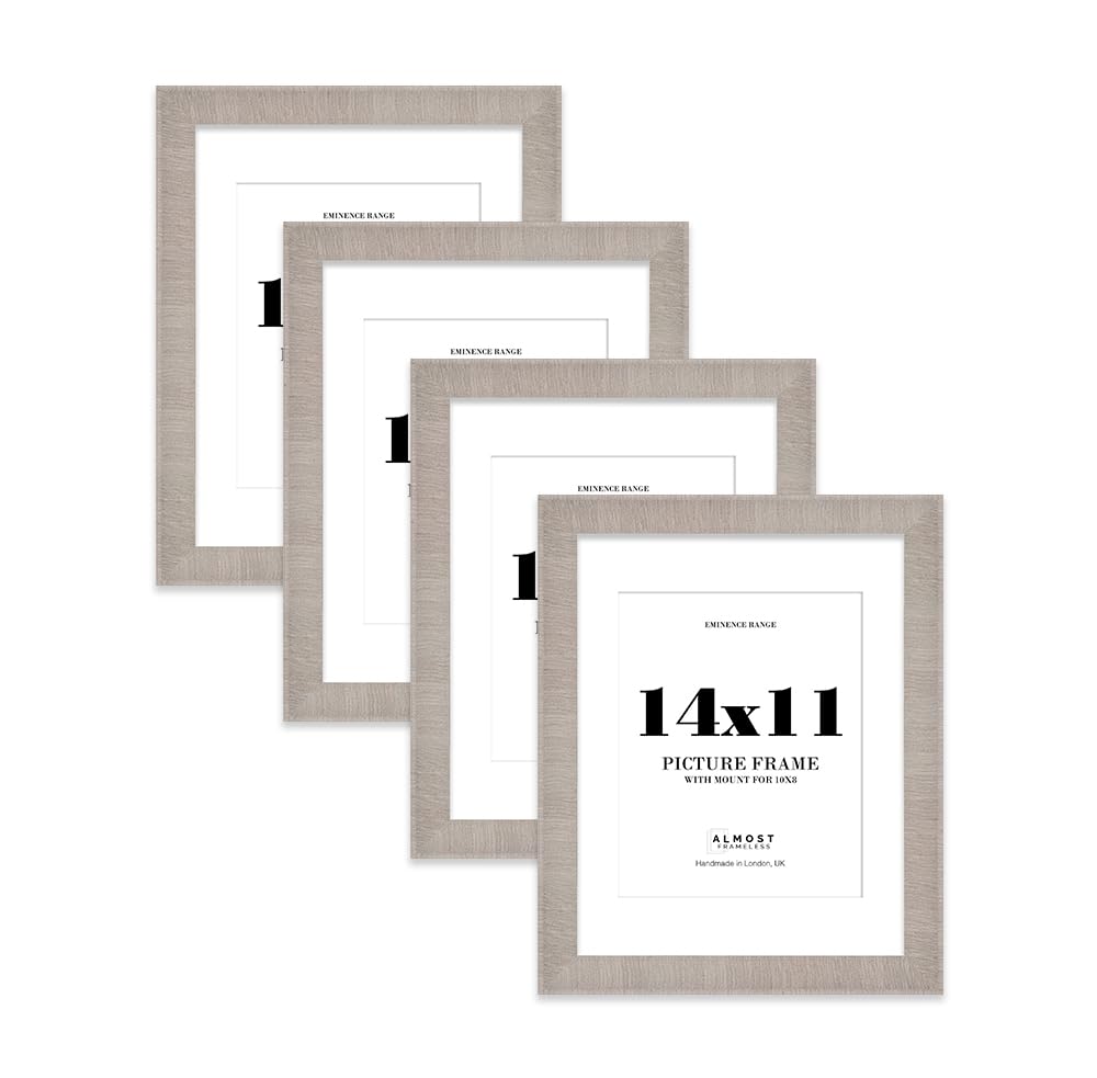 14x11" Grey Picture Frame with 10x8" Mount - Shabby Chic Photo Frame with Distressed Finish, Wall Hooks and Kickstand, 32mm Edge - 4 Pack