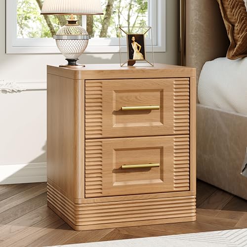 RECHHX Farmhouse Nightstand with 2 Drawer Storage, Thermoformed Bedside Tables for Bedroom, End Table with Curved Side Panels for Living Room, Natural Oak