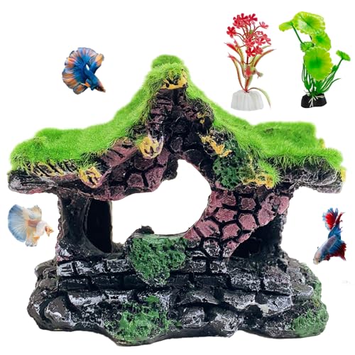 Image of Hamiledyi Resin Hollow Hideout House for Aquarium Decoration Fish Tank Accessories Betta Cave with Lifelike Moss for Shrimp Fish Shelter