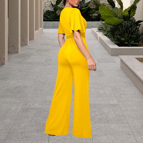 Image of PaladMom Womens Elegant Plus Size Jumpsuits Sexy Back zipper Short Sleeve Mid Waist Wide Leg Straight Rompers