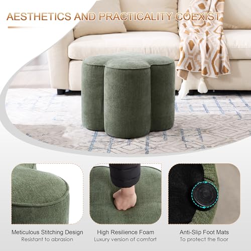 Image of Zesthouse Flower Pouf Ottoman Foot Rest Set of 2, Linen Fabric Poofy Ottoman Footstool for Couch, Modern Living Room Stool for Under Entry Table, Cute Square Vanity Stool for Bedroom Dorm, Green