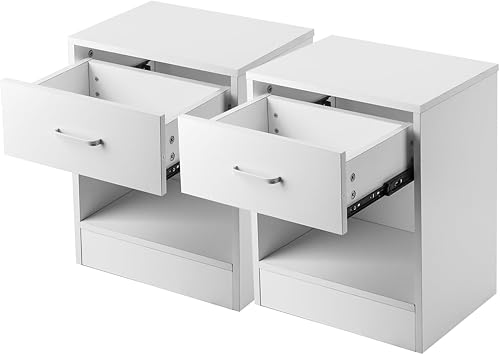 White 1-Drawer Nightstand with Open Shelf, Set of 2 Sleek Bedroom Bedside Table with Smooth Metal Glides