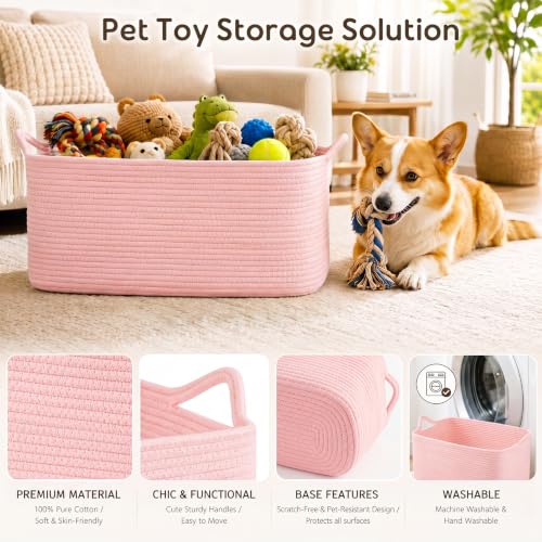 Image of OIASKET Large Empty Cotton Rope Gift Basket with Handles, 16.5 inchx12.6 inchx7 inch Decorative Woven Storage Basket with Gift Bag and Ribbon Set for Baby Shower, Toy Organizer for Kids, Dogs & Cats - Pink