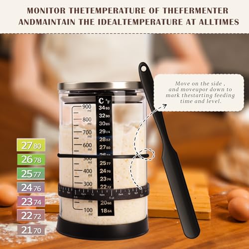 Tel Charme * Sauerteig Starter Jar Kit 1000ml Gärglas mit Spatel, Fermentierglas, Sauerteig Glas Jar, Sourdough Starter Kit, Anstellgut Glas Behälter, Reusable Brot Backen Zubehör
