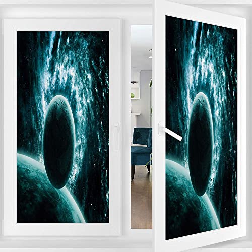 Space Privacy Window Film, Solar System Landscape With A Planet In Vast Motion Asteroid Mystic Orbit View Print, Pvc Glass Film For Home Office Living Room, W23.6 X L59 Inch Teal #TOP1
