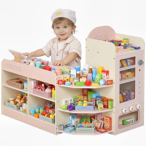 AIYAPLAY Supermercado Juguete Madera, Tienda de Comestibles con Caja Registradora, Máquina Expendedora, 3 Estantes Abiertos, 4 Compartimentos y Cajas Etiquetadas, para Niños de +3 Años, Rosa