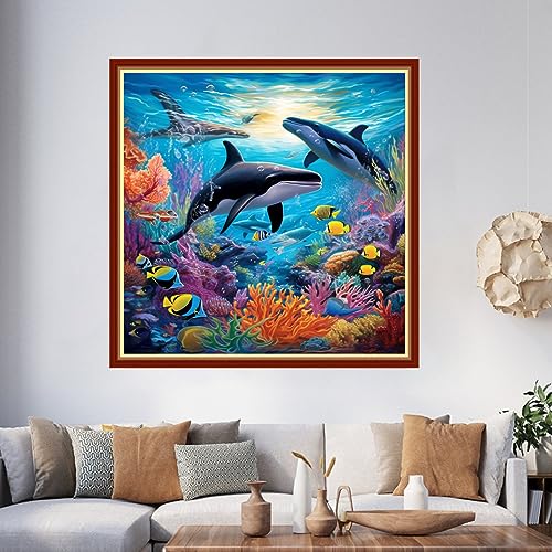 Image of Foxhool Beginners Cross Stitch Kits Stamped Full Range of Embroidery Kits for Adults DIY Cross Stitches kit Embroidery Patterns for Needlepoint kit-Underwater World 17.7x17.7 inch