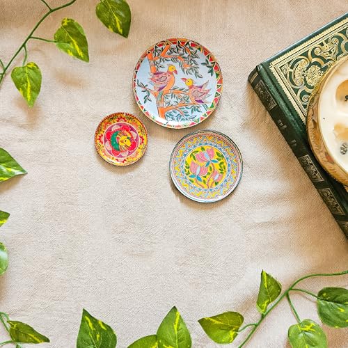Image of Ritualistic Madhubani Metal Fridge Magnet Set of 3 | 9cm+7.3cm+5.6cm | Hand-Painted Mithila Bihar Folk Art | Decorative Refrigerator Magnets | Diwali Corporate Souvenir & Return Gift