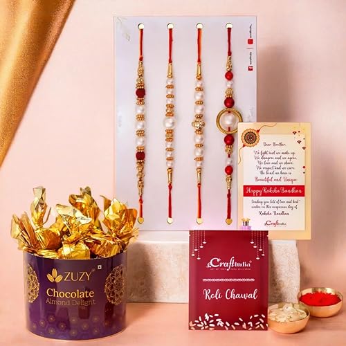 Image of eCraftIndia Set of 4 Red, Golden White Pearls Rakhis for Brothers with Zuzy Almond Chocolate Box, Rakhi with Chocolate Gift - Roli Chawal Pack, Raksha Bandhan Greeting Card