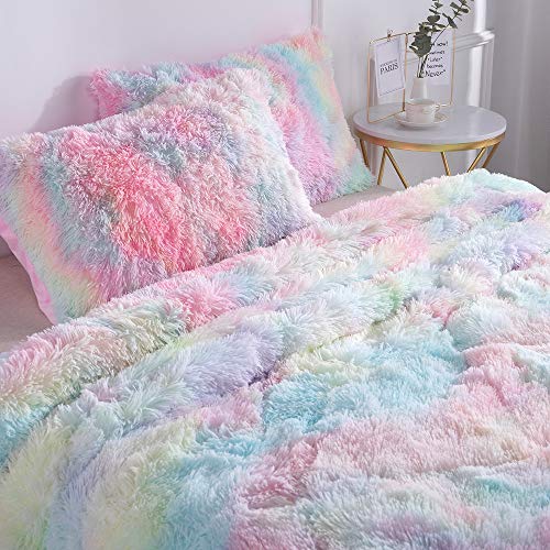 Wajade Faux Fur Plush Rainbow Comforter Set Fluffy Fuzzy Shaggy Bedding Set - 3Pc Full Size Microfiber Soft Warm Quilt Set #TOP2