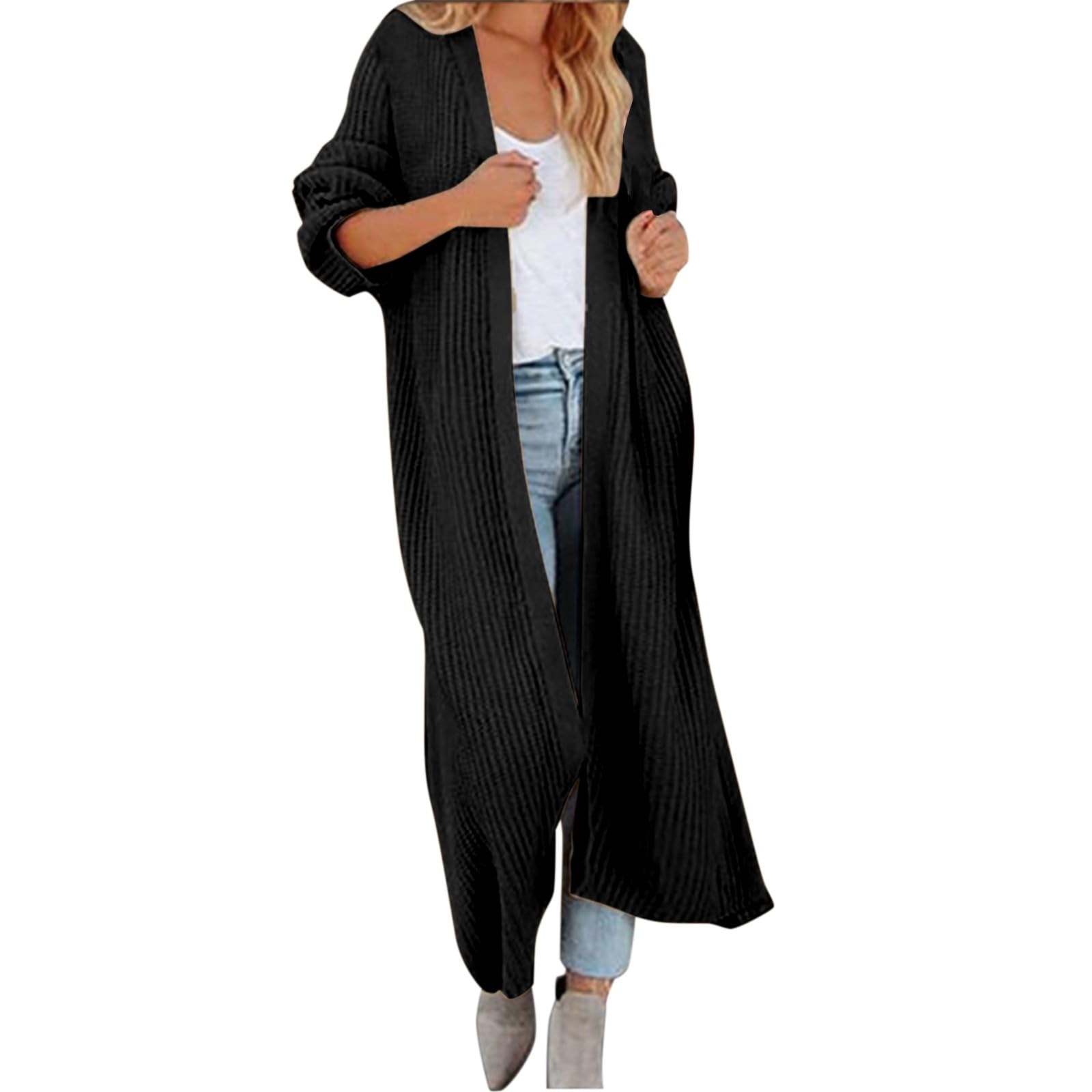 Chaqueta de punto para mujer, chaqueta de punto frontal abierta, cárdigan largo para mujer, monocolor, ligero, elegante, abrigo de punto cálido