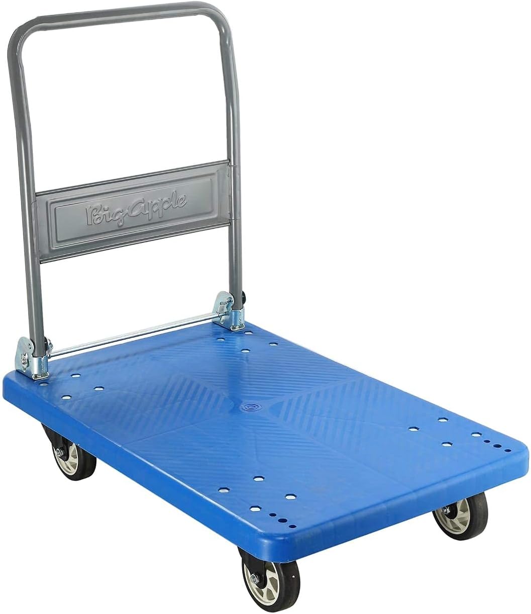 BIGAPPLE 150kg Capacity Plastic Foldable Platform Trolley for Heavy Weight/Material Handling Goods Trolley for Home, Office, Warehouse & Industries - 48cm x 72cm (4" Wheel/Blue) - Pack of 1