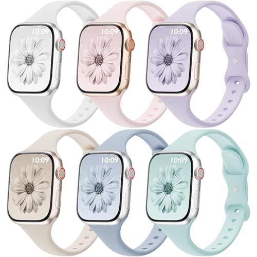 Image of 6 Pack Thin Silicone Compatible with Apple Watch Bands Women Men | Sport Strap Narrow Wristband for iWatch 38mm 40mm 41mm 42mm 44mm 45mm 46mm 49mm Series 11 10 9 8 SE 7 6 5 4 Ultra 3 2 1