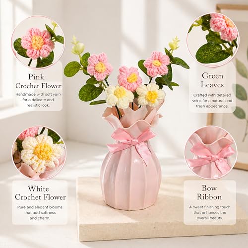 Image of Art Street Handmade Crochet Flower Vase | Pink & White Knitted Artificial Flowers with Green Leaves | Decorative Pink Vase with Ribbon for Home Decor, Birthday, Anniversary