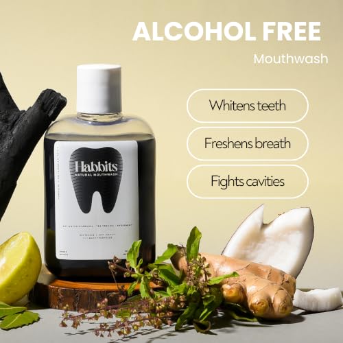 Image of Habbits Charcoal Mouthwash - 250ml | Teeth Whitening & Stain Remover Mouth Wash Liquid | Oral Care, Sensitivity Relief, Fresh Breath, Anti-Cavity & Gum Protection | Alcohol-Free | n-HAP & Spearmint