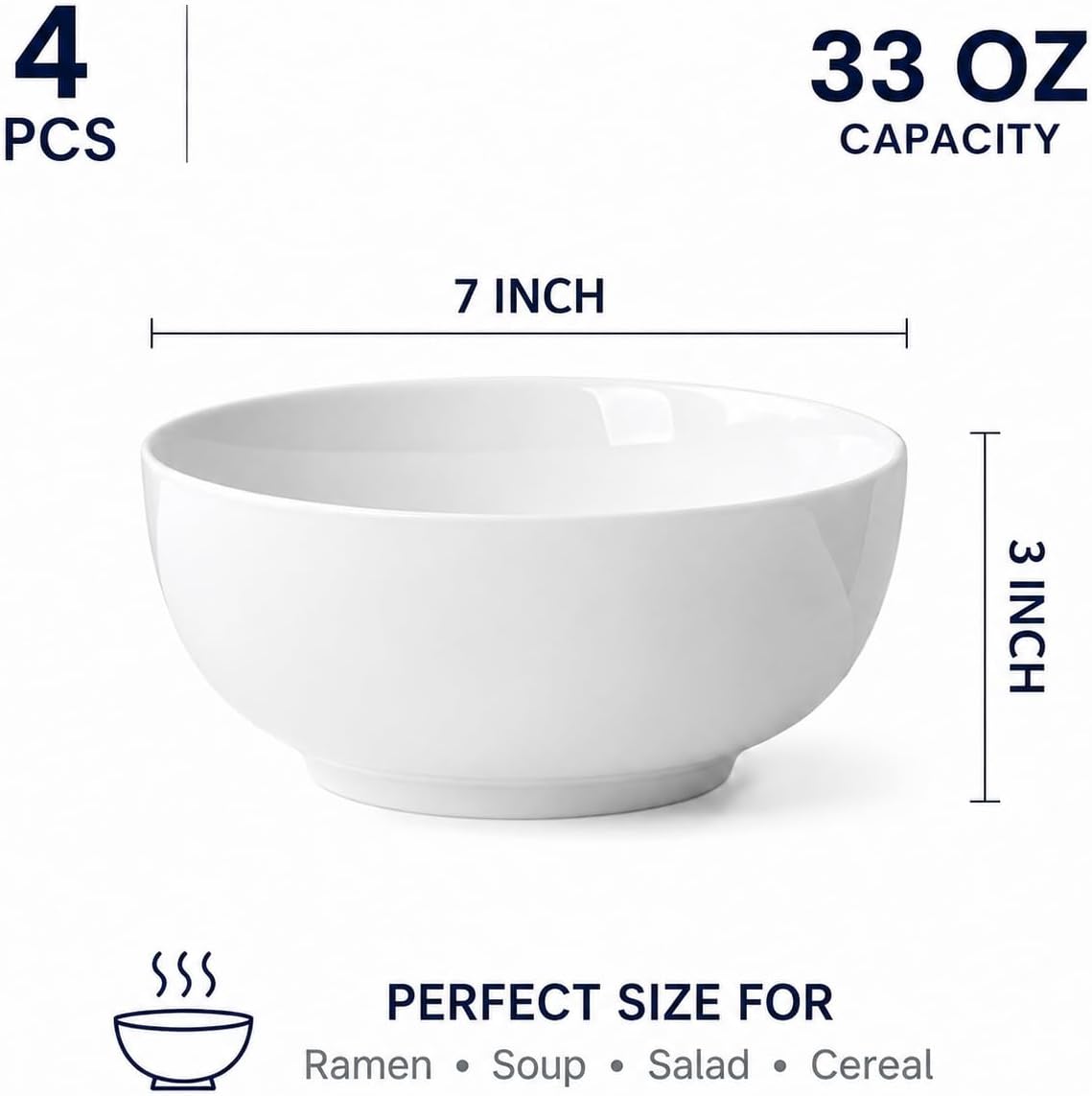 White Ceramic Soup Bowls Set of 4, 33 oz Pasta Bowls 7 Inch, Deep Salad Bowls for Ramen, Pho, Noodles, Cereal, Rice and Fruit