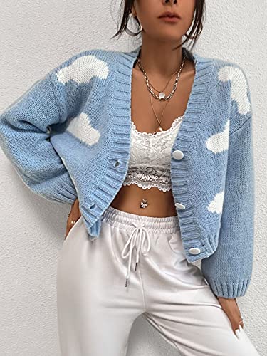 Wdirara Women's Long Sleeve Button Front V Neck Casual Crop Cardigan Sweater Blue M #TOP2