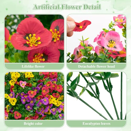 U'Artlines Artificial Flowers for Outdoors, 16 Bundles Fake Flowers Realistic Pansies Plants with Eucalyptus, UV Resistant Silk Flower for Outside Planter Porch Garden Patio — view 5