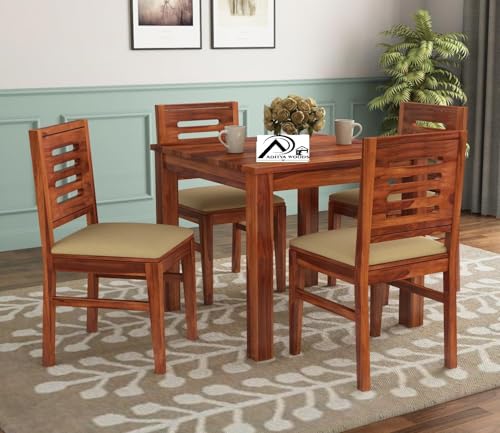 Image of AADITYA WOODS Solid Sheesham Wood 4 Seater Dining Table with Chair Set for Living Room | Wooden Dining Room Set (This is Right Size for Table- 86x86x76 cm) - Honey & Cream