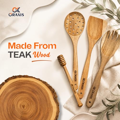 ORAXIS Teak Wood Cooking Utensils Set, 7-Piece Wooden Kitchen Utensil Set with Spoons, Spatulas & Honey Dipper, Heat Resistant, Heavy Duty, for Nonstick Cookware by Oraxis - Used condition - Image 5