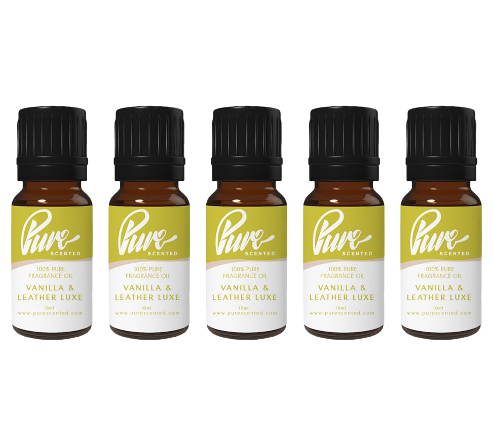 Pure Scented 50ml Fragrance Oils - 5 x 10ml Suitable for Candles, Soaps, Slime, Diffusers, Cosmetics, Wax Melts, Designer (5 x 10ml, Vanilla & Leather Luxe)