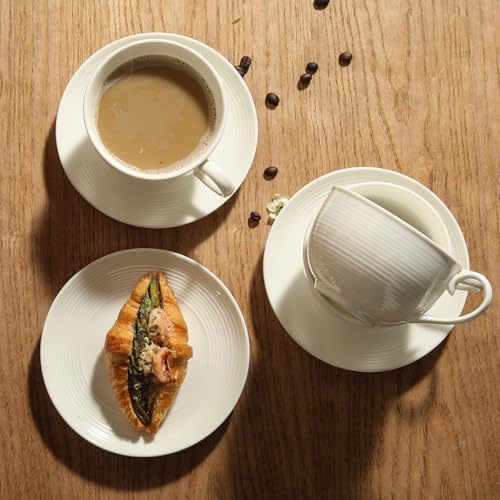 Feenmai 12 oz Cappuccino Cups with Saucers, Ceramic Espresso Coffee Cups Set of 4, White Latte Cup and Saucer, Elegant Tea Mugs Set, Microwave Dishwasher Safe Drinkware for Cafe, Housewarming Gift