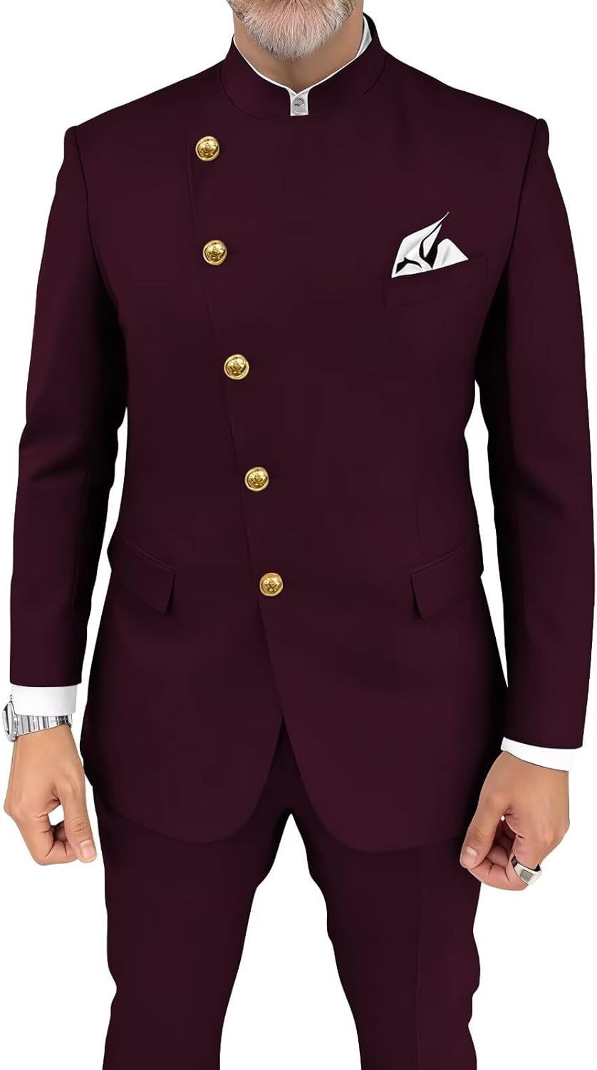 CYANDUSTY Chinese Tunic Suit Slim Fit 2 Piece Mandarin Collar Suits for Men Wedding Prom Blazer Jacket Pant Set