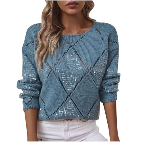 Womens Jumpers Blue Sequin Sweater Womens Crew Neck Crochet Long
